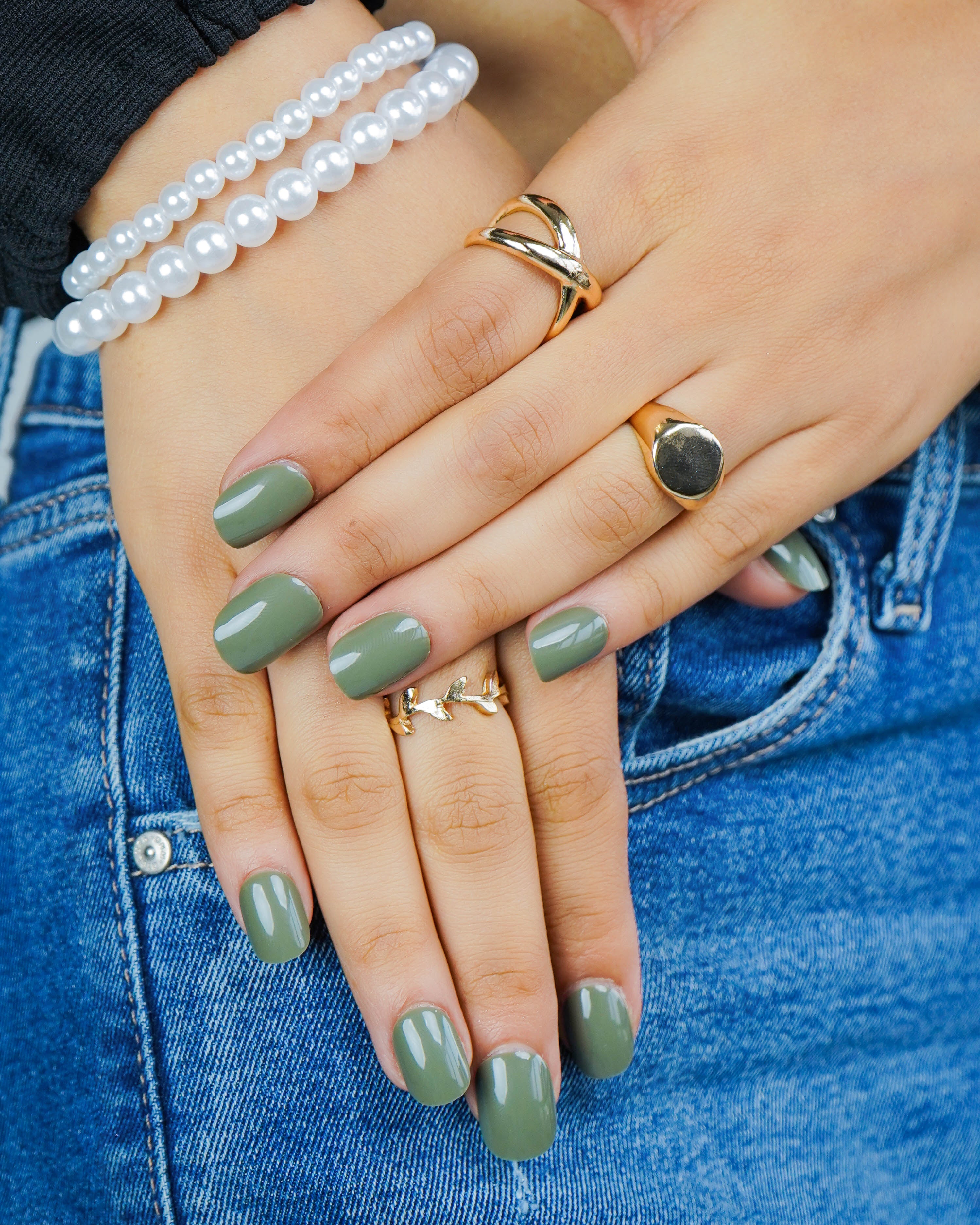 Nude Muse Dark Olive Green Press On Nails