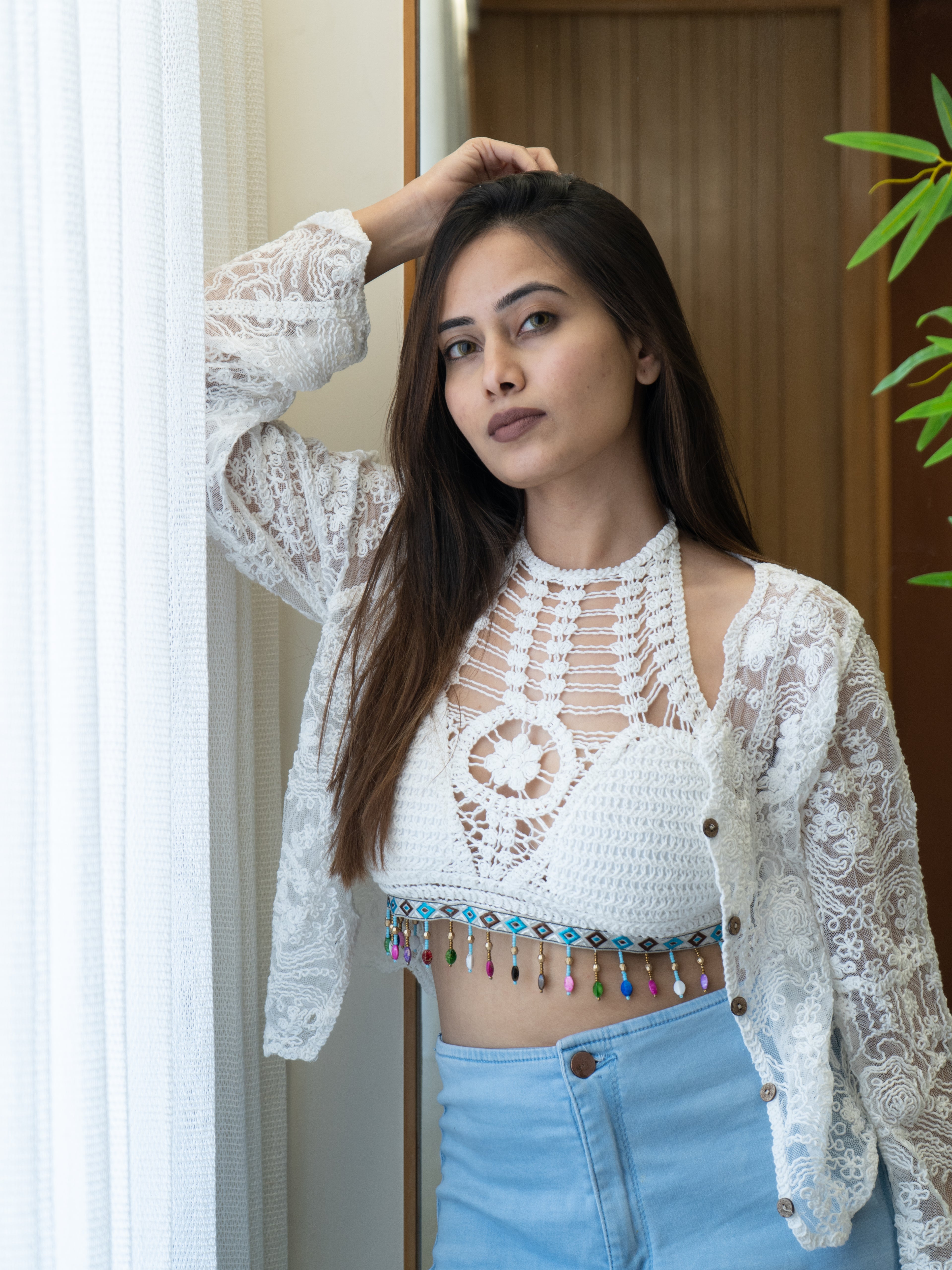 White Hollow Out Tie Backless Beach Halter Crochet Top