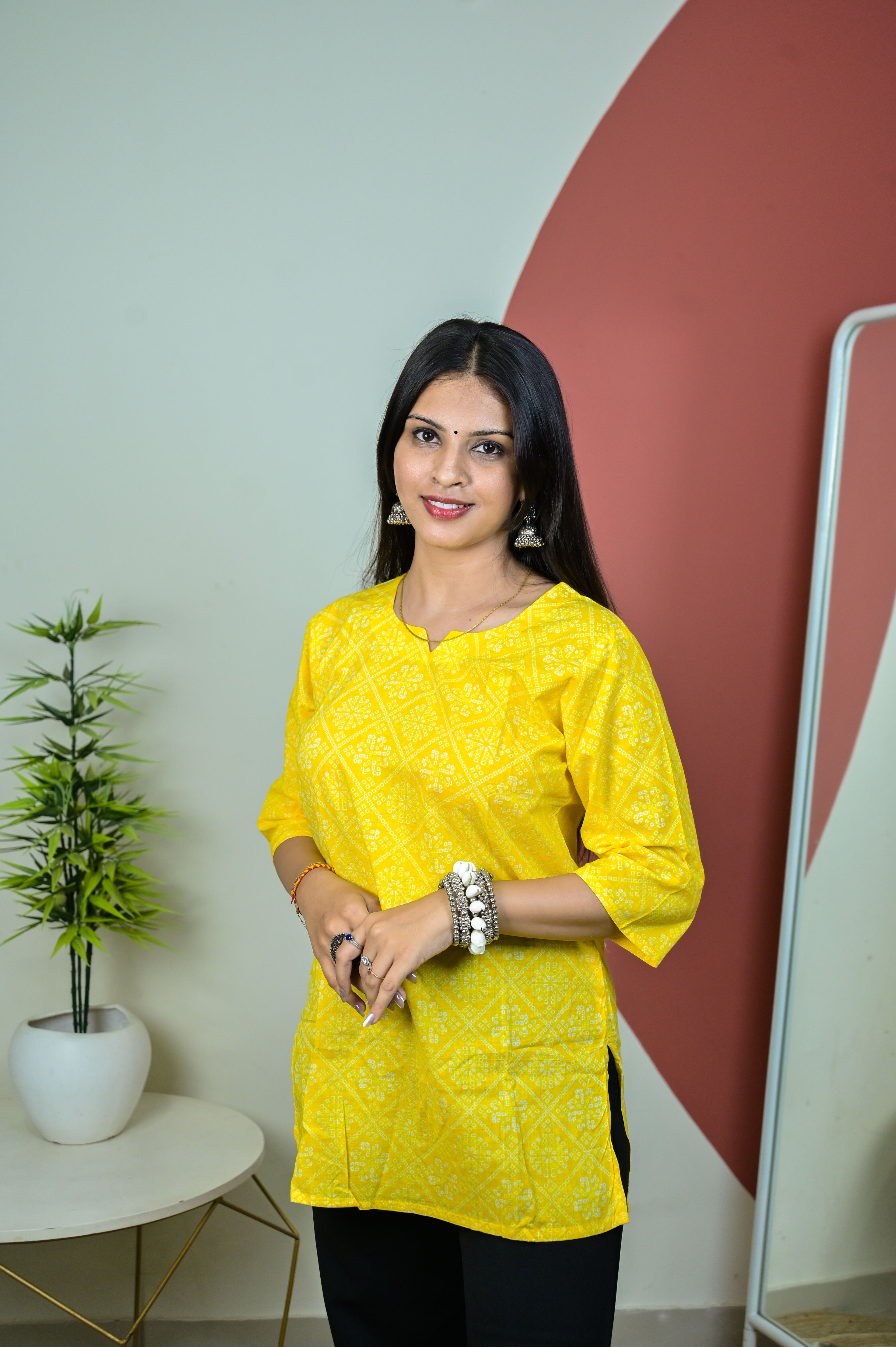 Yellow 3/4th Sleeve Short Kurti