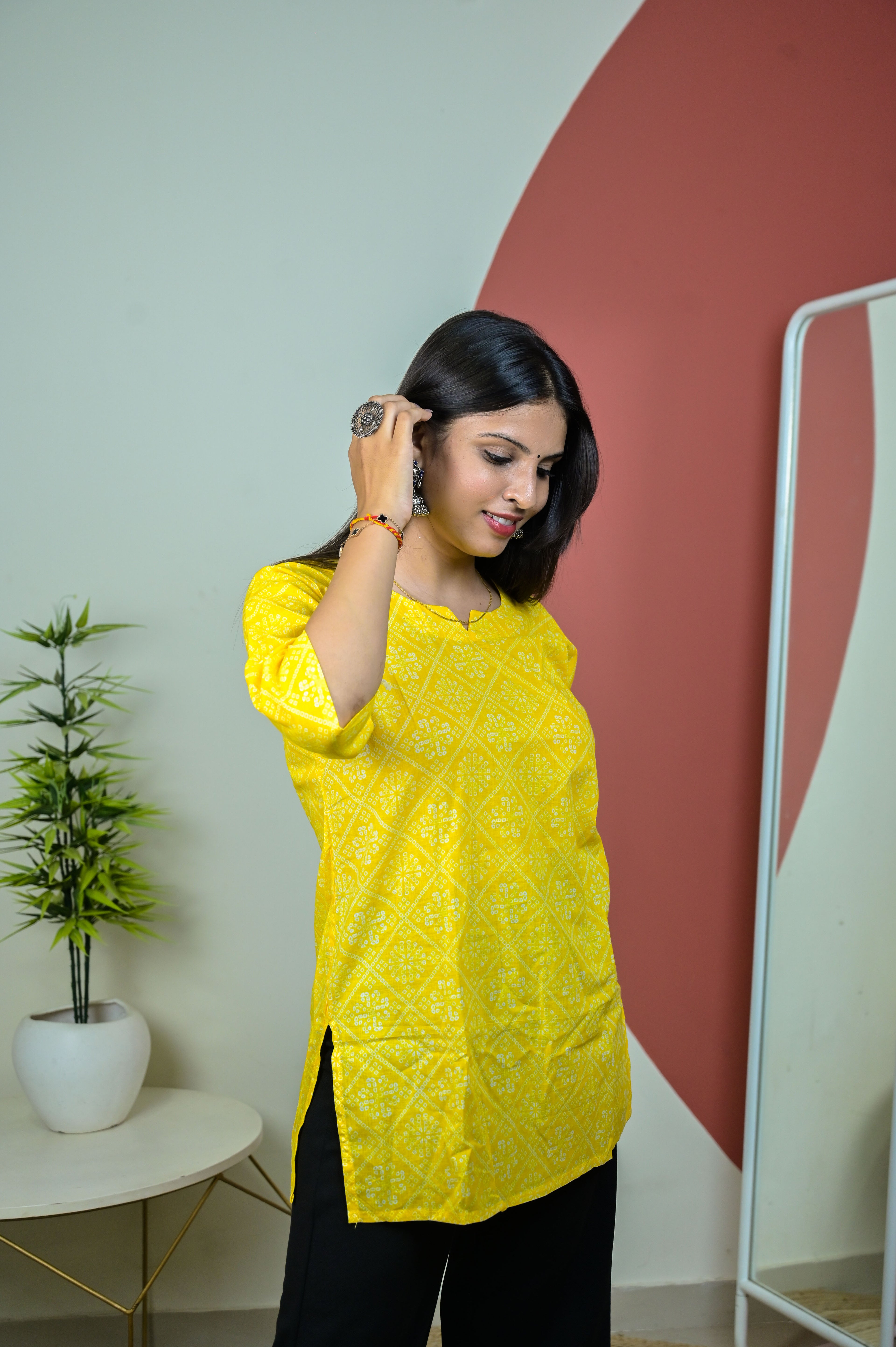 Yellow 3/4th Sleeve Short Kurti