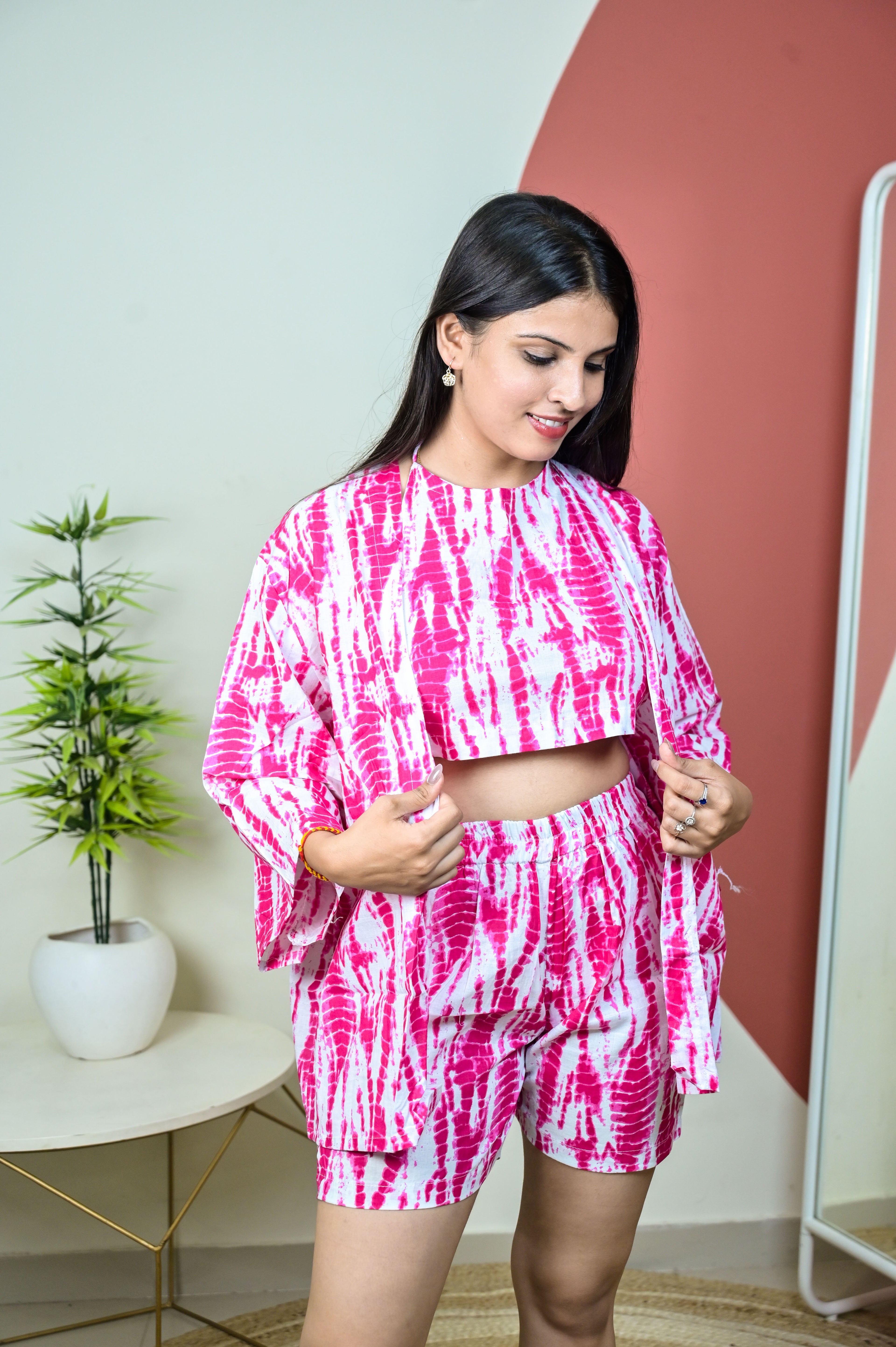 Pink Halter Neck Crop Top and Shorts Coord with Front Open Shrug