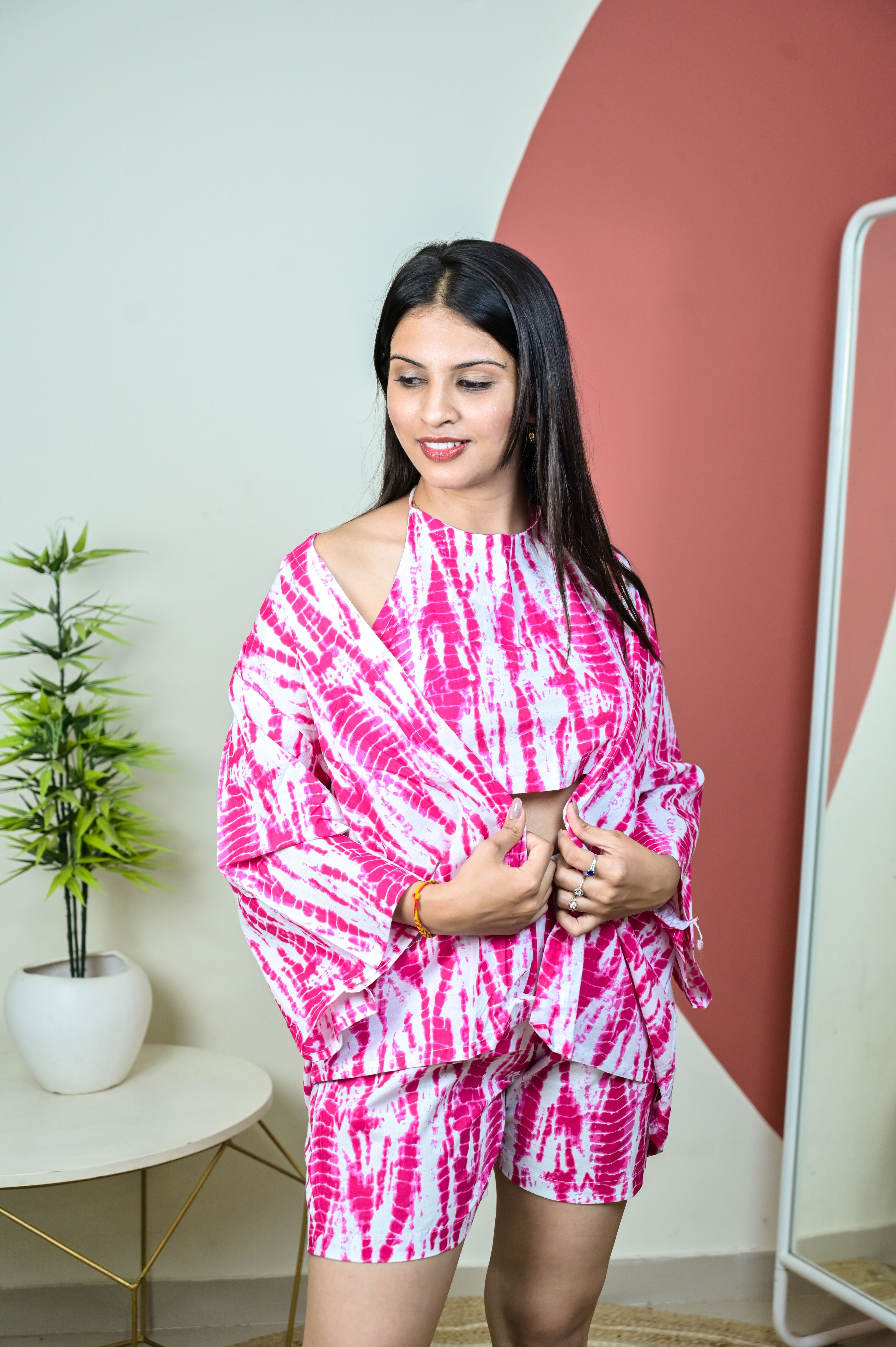 Pink Halter Neck Crop Top and Shorts Coord with Front Open Shrug