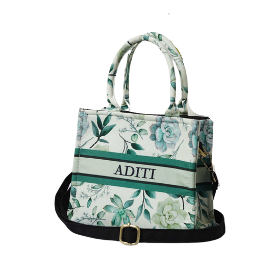 Personalised White & Green Floral Printed Sling Bag