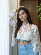 White Hollow Out Tie Backless Beach Halter Crochet Top
