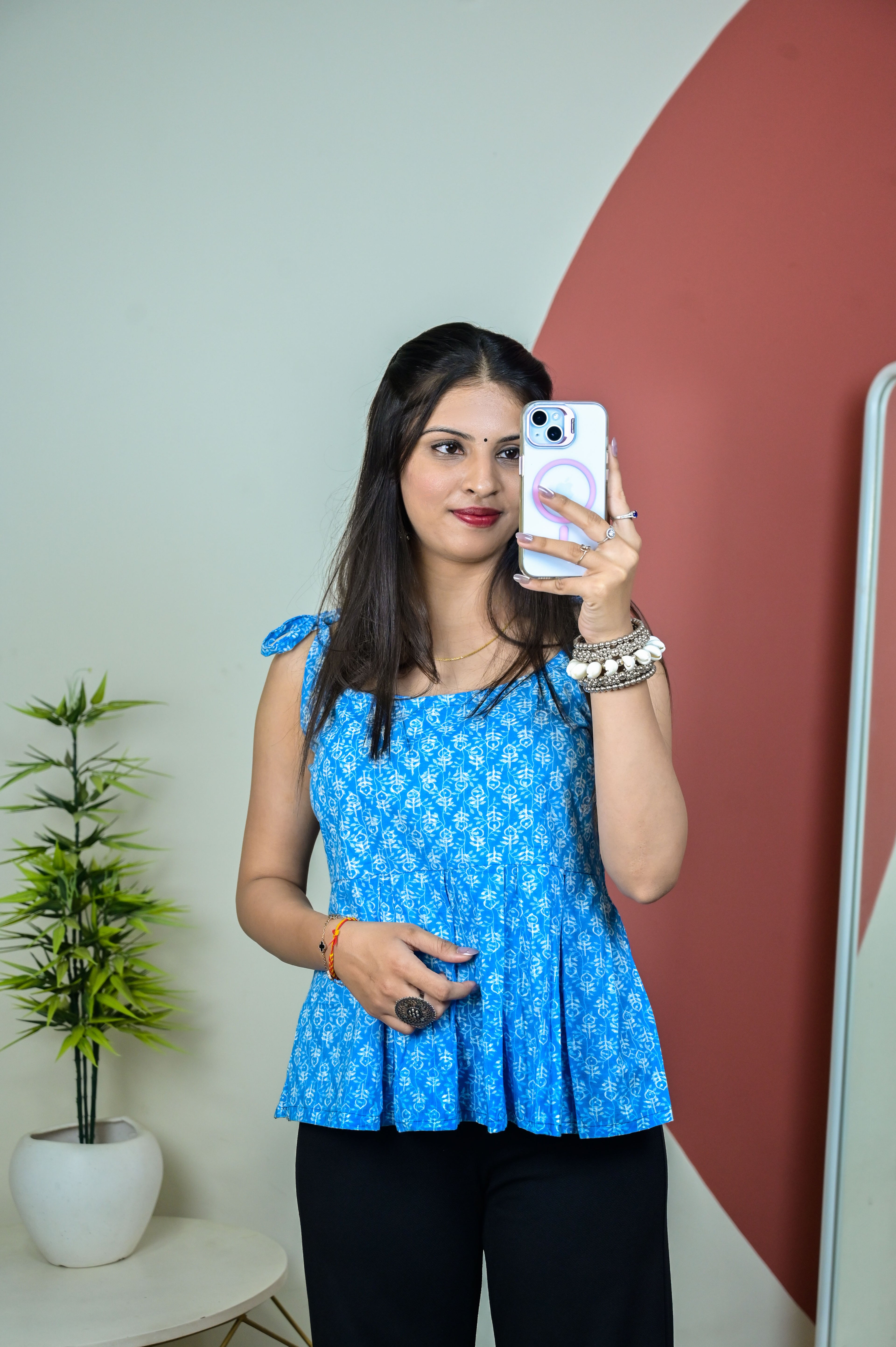 Blue Shoulder Tie Up Flared Kurti