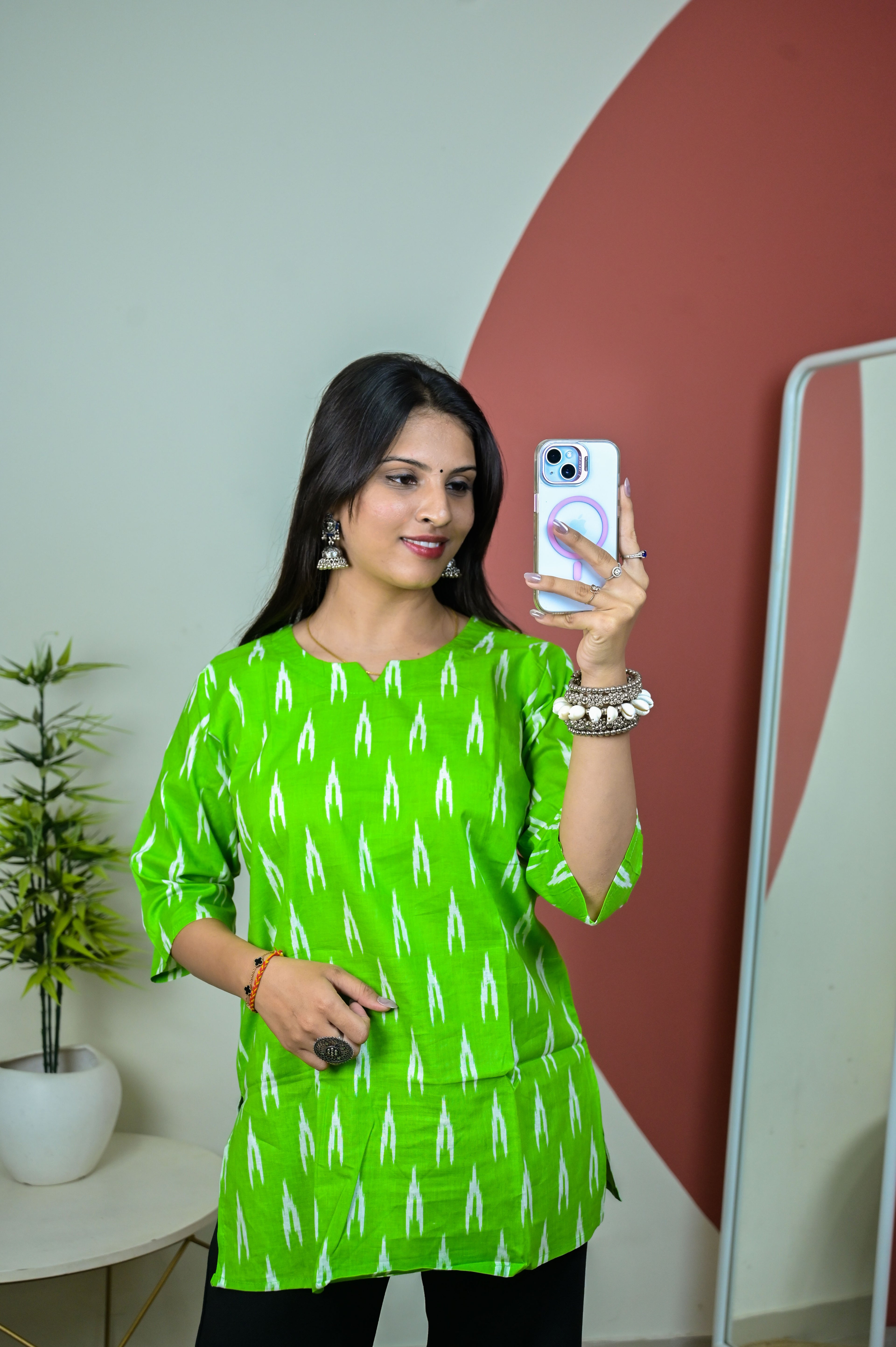 Light Green 3/4th Sleeve Short Kurti