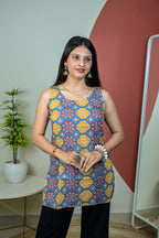 Yellow and Blue Round Neck Sleeveless Short Kurti