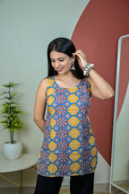 Yellow and Blue Round Neck Sleeveless Short Kurti
