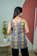 Yellow and Blue Round Neck Sleeveless Short Kurti