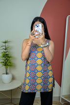 Yellow and Blue Round Neck Sleeveless Short Kurti