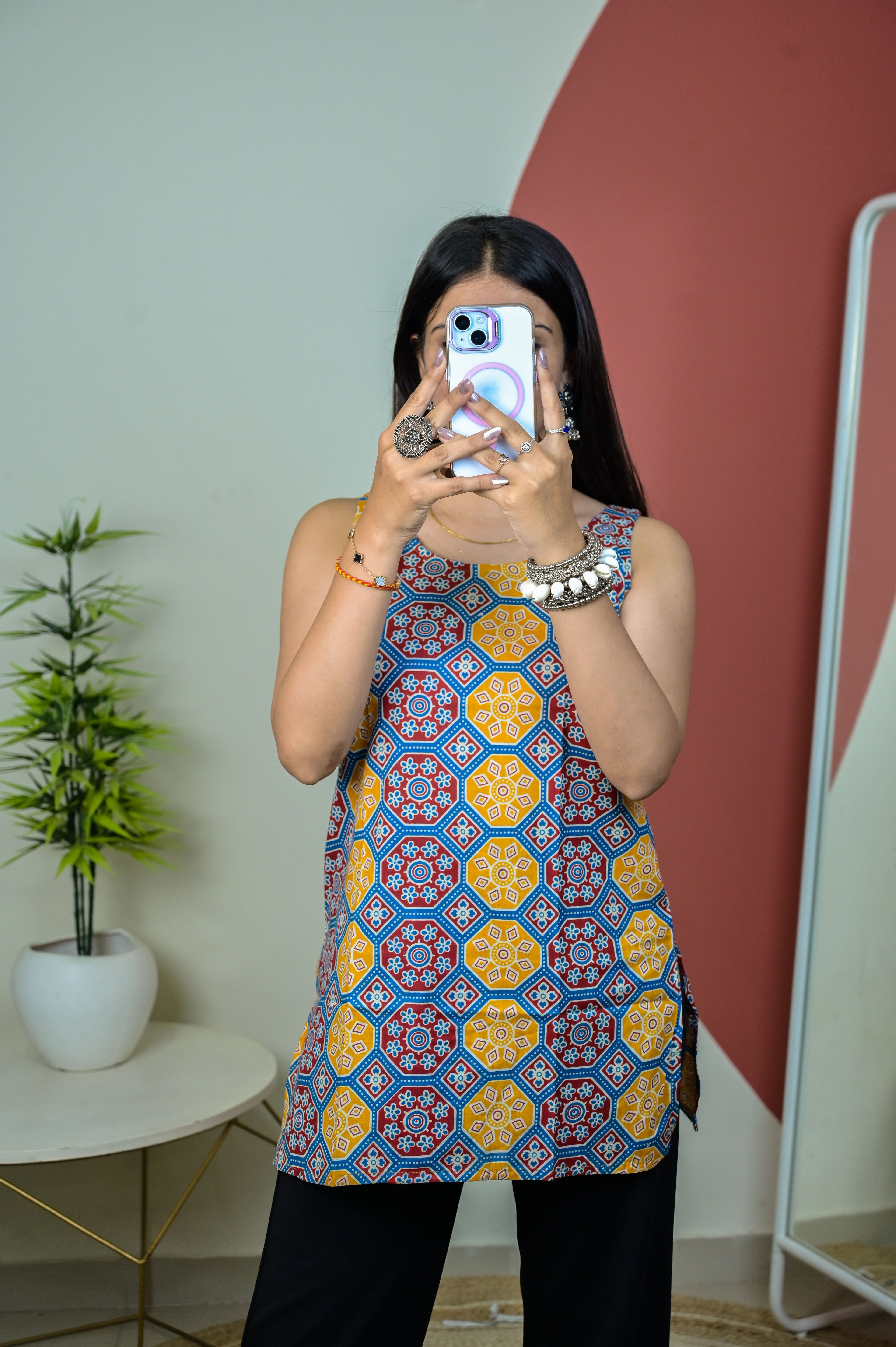 Yellow and Blue Round Neck Sleeveless Short Kurti