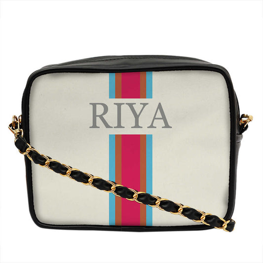 White Customized Pink Striped Sling Bag